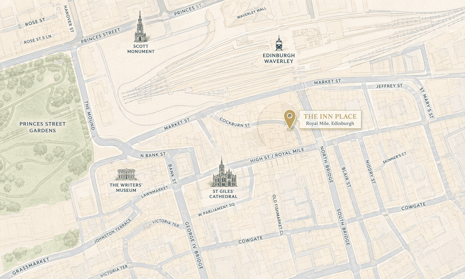 Stylised map showing The Inn Place on Cockburn Street, with Waverley Station, the Royal Mile, St Giles' Cathedral and Edinburgh Castle nearby