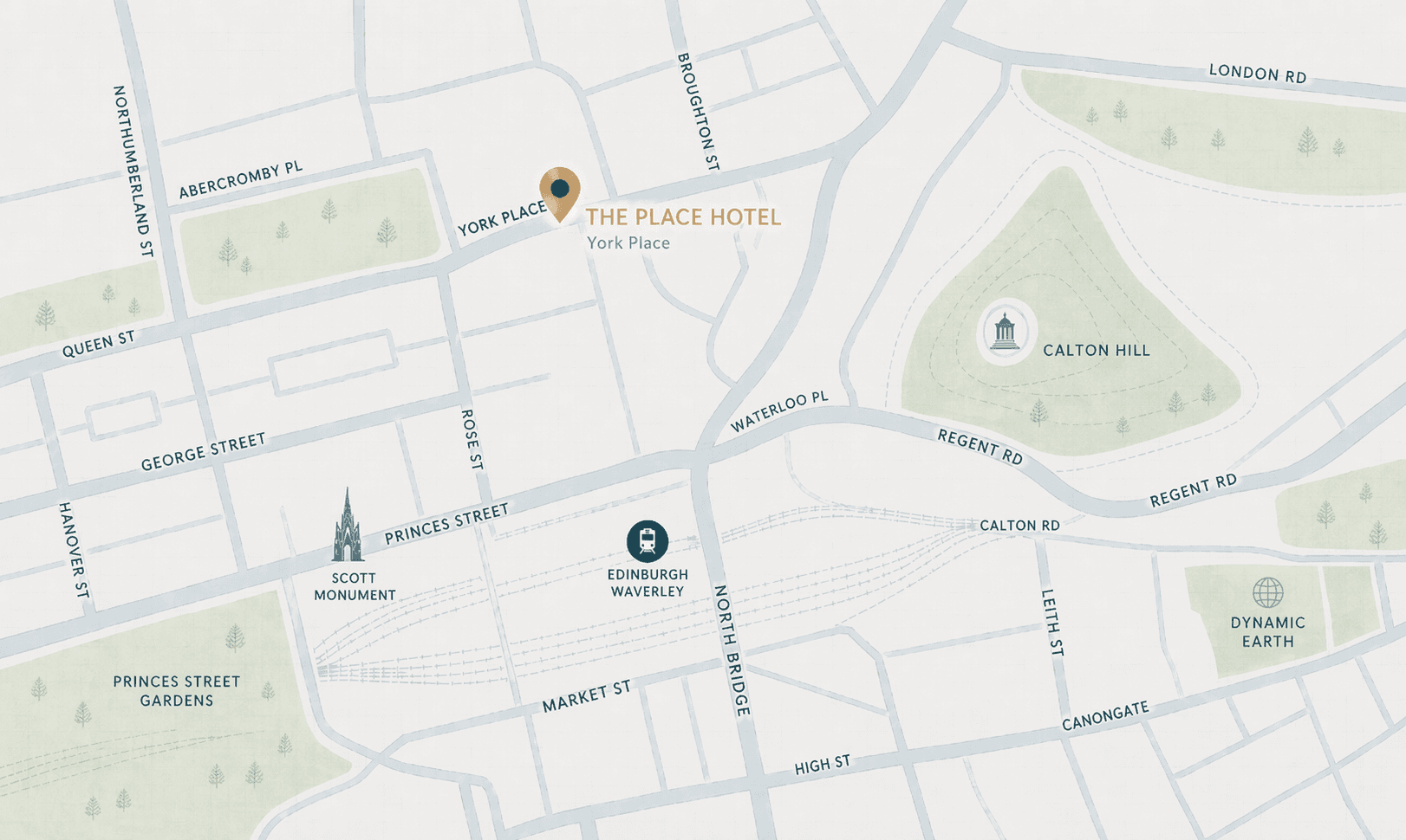Stylised map showing The Place Hotel on York Place, with Edinburgh Waverley, Princes Street, Calton Hill, and Scott Monument nearby