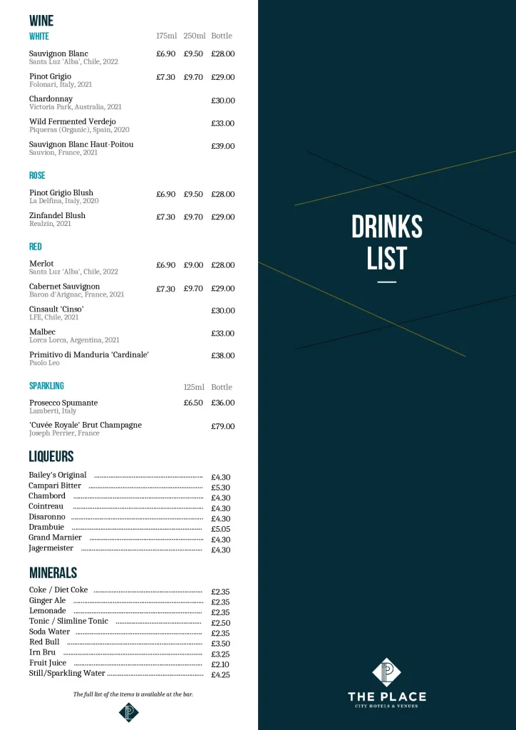 The Place Hotel drinks menu — wine, rosé, red, sparkling, liqueurs and minerals