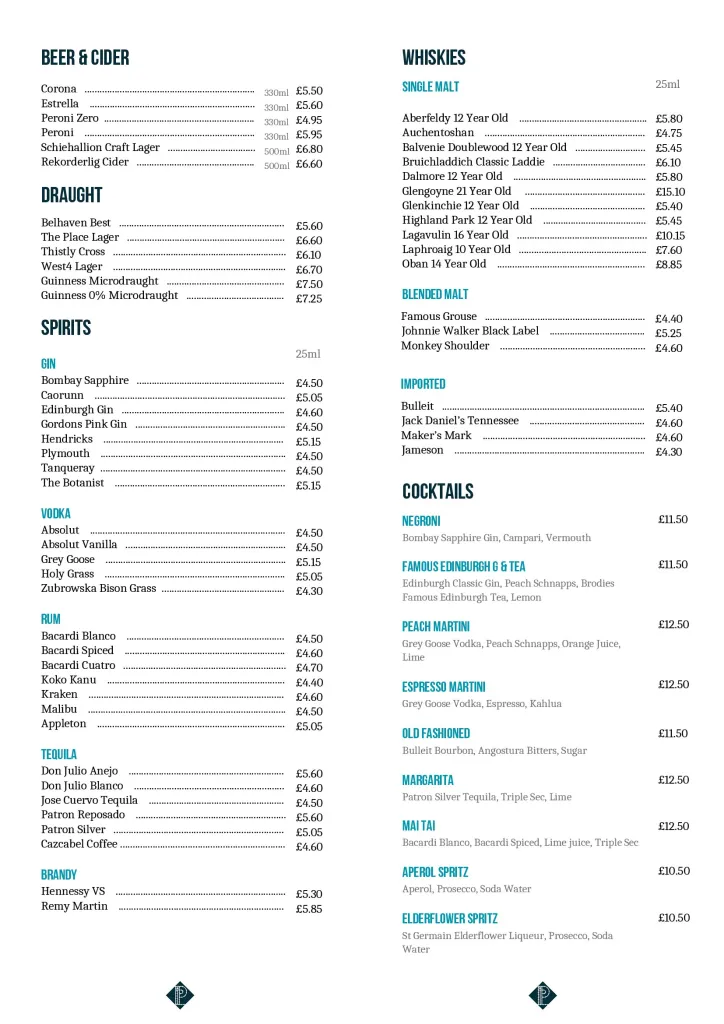 The Place Hotel drinks menu — beer, cider, draught, spirits, whiskies and cocktails